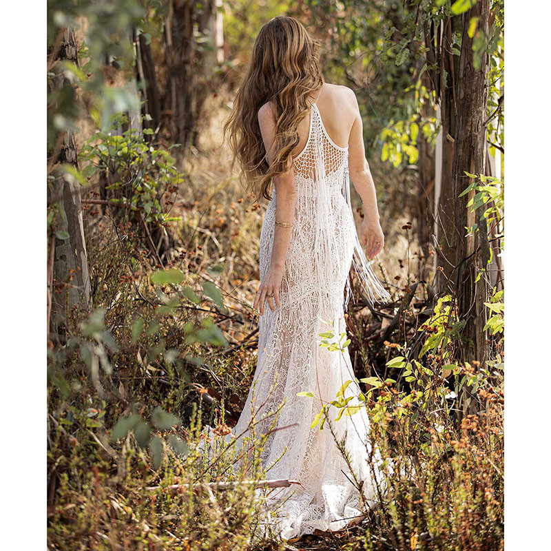 Bohemian Beach Mermaid Wedding Dresses 2022 Country Garden Halter Corchet Lace Tassel Sweep Train Bridal Gowns Abito da sposa