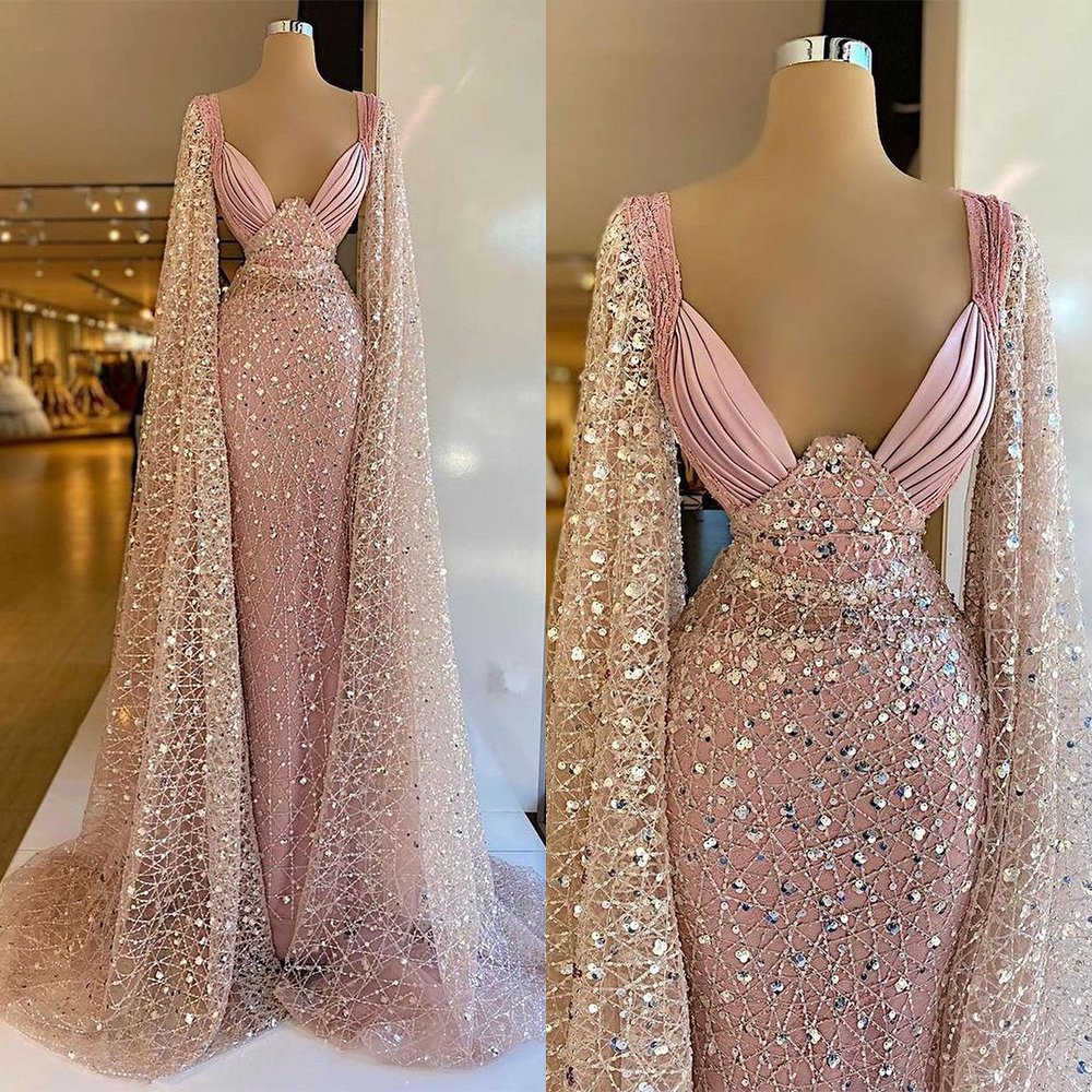 Pink Sexy Mermaid Prom Dresses V Neck Sequins Beads Long Sleevel Portrait Shoulder Glitter Elegant Floor Length High Waist Satin Evening Formal Dresse
