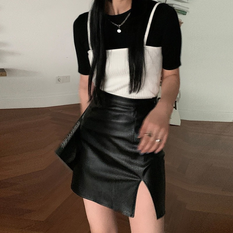 HOUZHOU Punk Leather Skirt Women Black Sexy Split Slim High Waisted A-line Mini Skirts Autumn Korean Fashion Harajuku Streetwear 220317