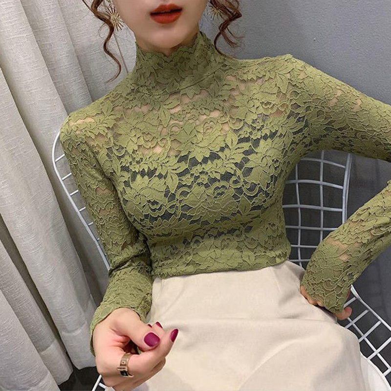 Lace Turtleneck Long Sleeve T-Shirt Female Thin Black See Through Rose Solid Blouses Tulle Gauze Fall Clothes Tops Women 220516