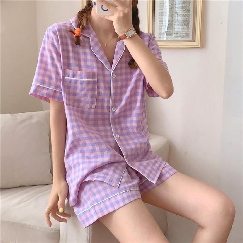Women Pyjama Set Cotton Short-sleeve Sleepwears Summer Plaid Pajamas Womens Two Piece Sets Home Wear Suits Sleepwear, Color13
Women Pyjama Set Cotton Short-sleeve Sleepwears Summer Plaid Pajamas Womens Two Piece Sets Home Wear Suits Sleepwear, Color13