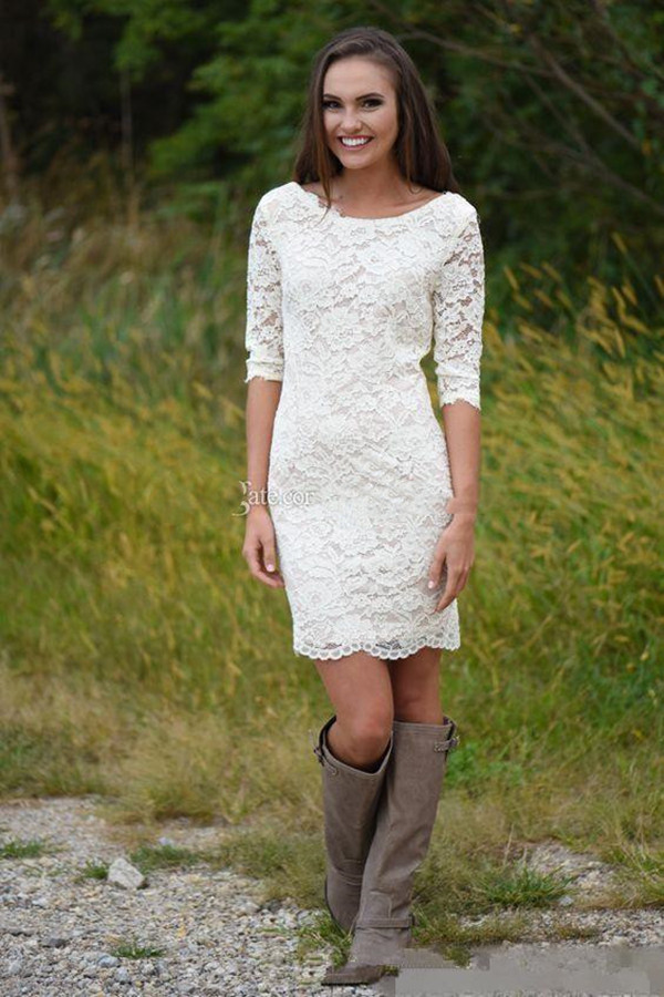 Bohemian Short beach Wedding Dresses with Sleeves Retro Jewel Full lace Knee-length Western Cowgirl Country Wedding Gown