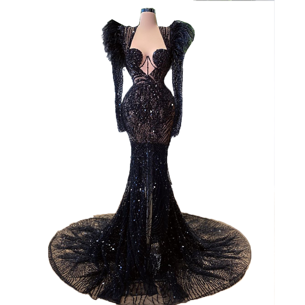 Sexy Black Beads Mermaid Evening Dresses Long Sleeve Ostrich Feather Custom Made Illusion Prom Gowns robes de