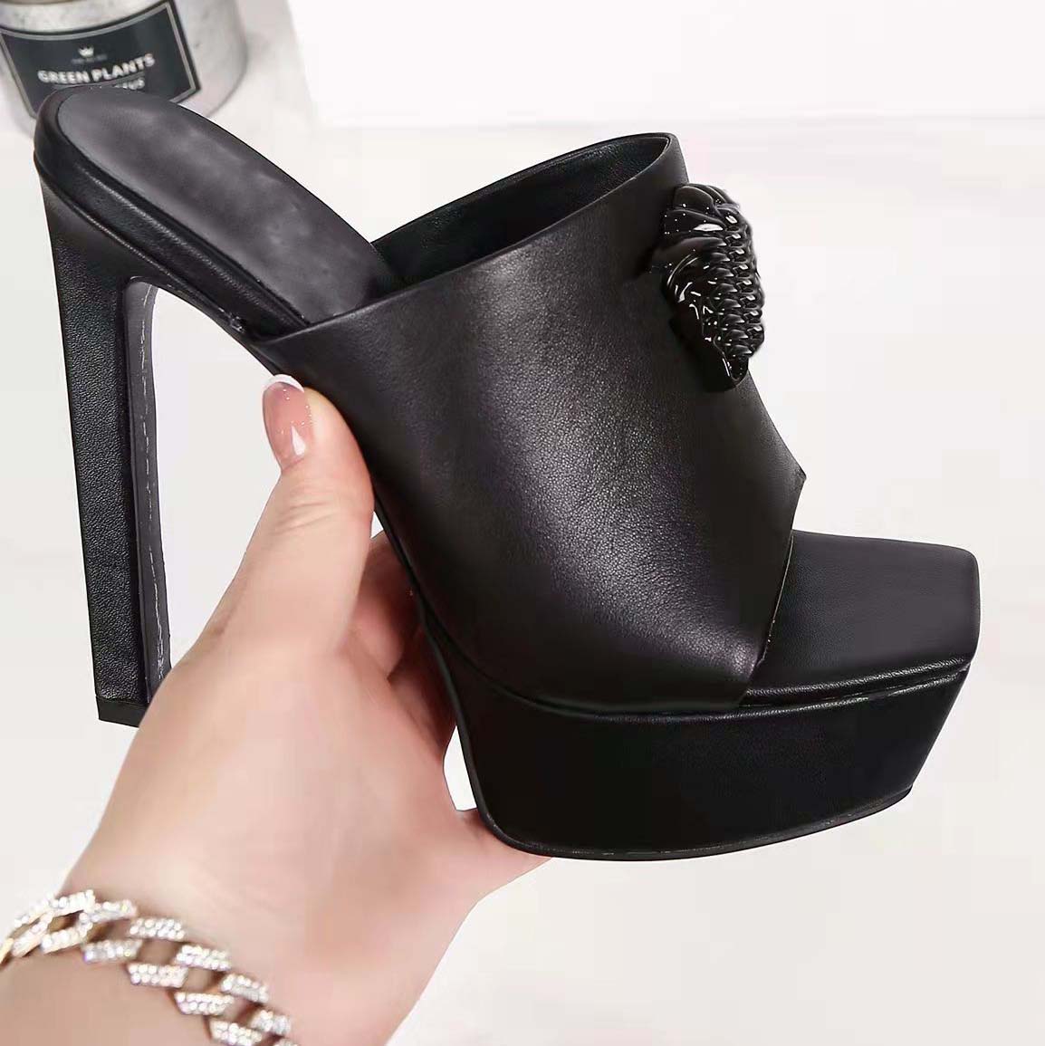 fashion brand Woman Summer Buckle Strap Rivet Sandals High-heeled shoes Pointed toe Fashion leather Single High heel designer