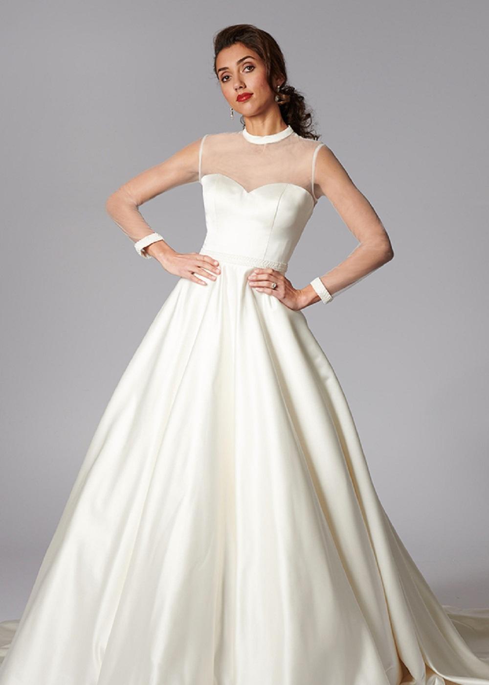 Covered Back beach princess Wedding Dresses Sheer Neck Long Sleeve Satin Plus Size Wedding Dress Sweep Train Robes De Mariee