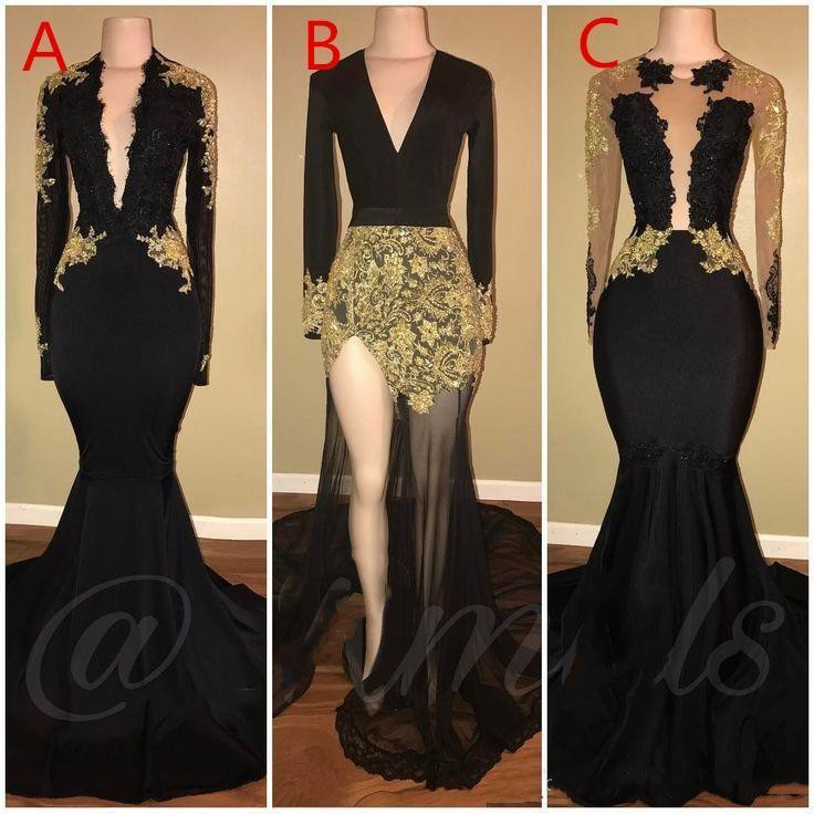 Black Long Evening Dresses Deep V Neck Applique Lace Sleeves Court Train Formal Party Wear Prom Dresses