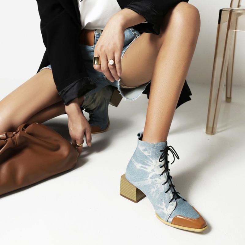 Boots Ochanmeb Chic Square Block Heels Booties Women Big Plus Oversized 48 Denim Jean Woman Cross Tied Lace Up Plaid Shoe Winter, Plaid boots