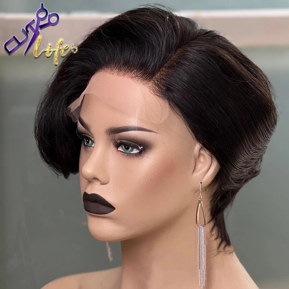 Free shipping Short Pixie Cut Lace Frontal Natutral Black Wavy Bob Wig Human Hair Wigs For Women Remy Pre Plucked Glueless