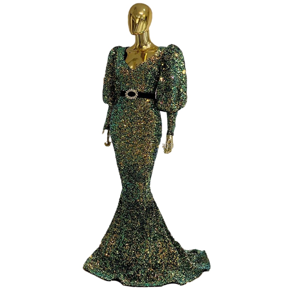 sparkly Woman Evening Dresses Dubai V Neck Long Train Party Night Vestido De Fiesta De Gala Green Sequins Arabic Prom Dress
