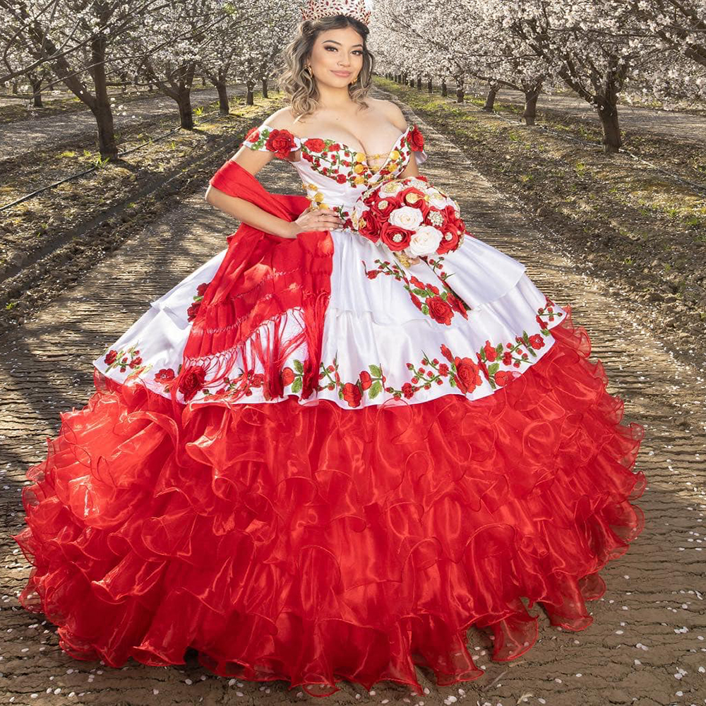 Mexican Charro Quinceanera Dresses 2022 With Flower Embroidery Off The Shoulder Corset Sweet 15 Years Dress Ball Gown Prom Party Birthday Ceremony For