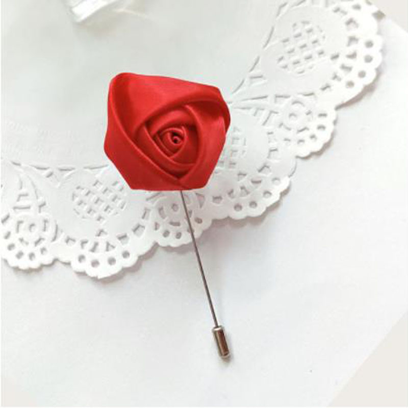 Red Boutonnieres Wedding Accessories Groom Corsage Lapel Pins Ribbon Roses Flower Men Women Buttonhole Brooch Mariage Prom Decor