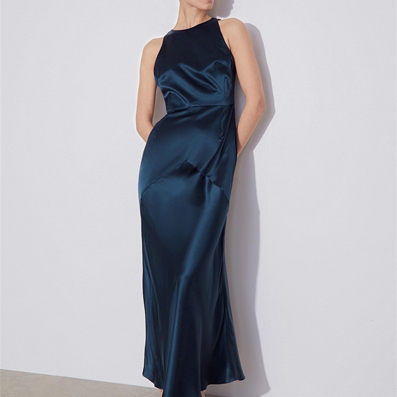 OOTN Elegant Satin Tank Dress Summer Hollow Out Spliced Trumpet Dress Party O-Neck Navy Blue Night Midi Dresses For Women 220511