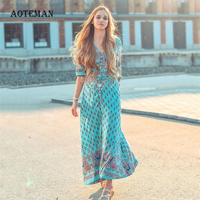 Casual Autumn Summer Dress Women Elegant Print Long Dresses Female Vintage Sexy V Neck Boho Beach Party Dress Plus Size 5XL T200604