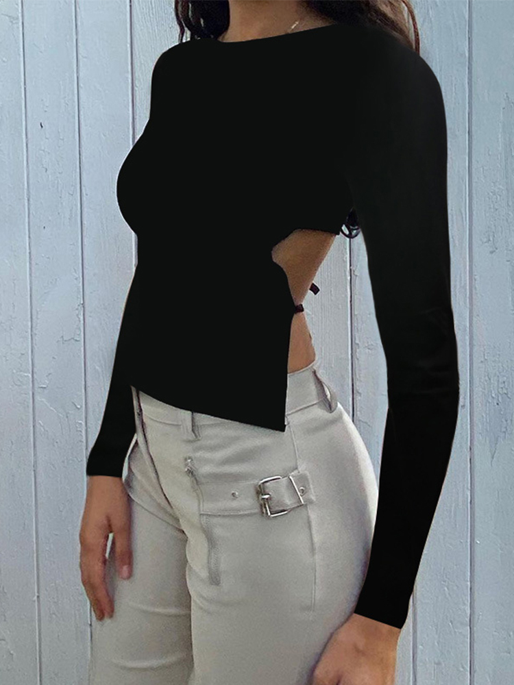 Top Women Y2K Lace Up Backless Tank Solid Knitted T-shirts s Sexy Crop Night Club Outfits Basic Tanks Streetwear 220316