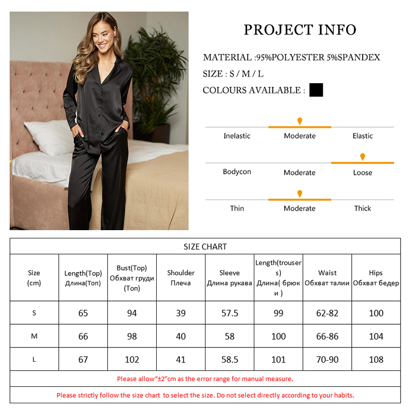 HiLoc Black Long Sleeve Home Suit For Women Sleepwear Satin Pyjamas Set Solid Basic Two Piece Top And Pants Spring Pjs 220329
