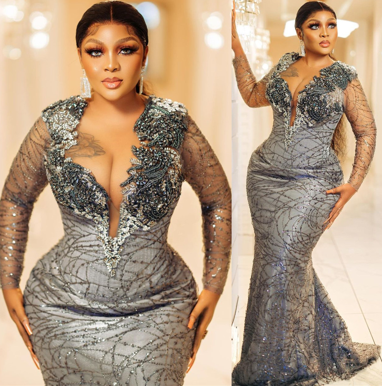 2022 Plus Size Arabic Aso Ebi Silver Luxurious Mermaid Prom Dresses Beaded Crystals Evening Formal Party Second Reception Birthday Engagement Gowns Dr