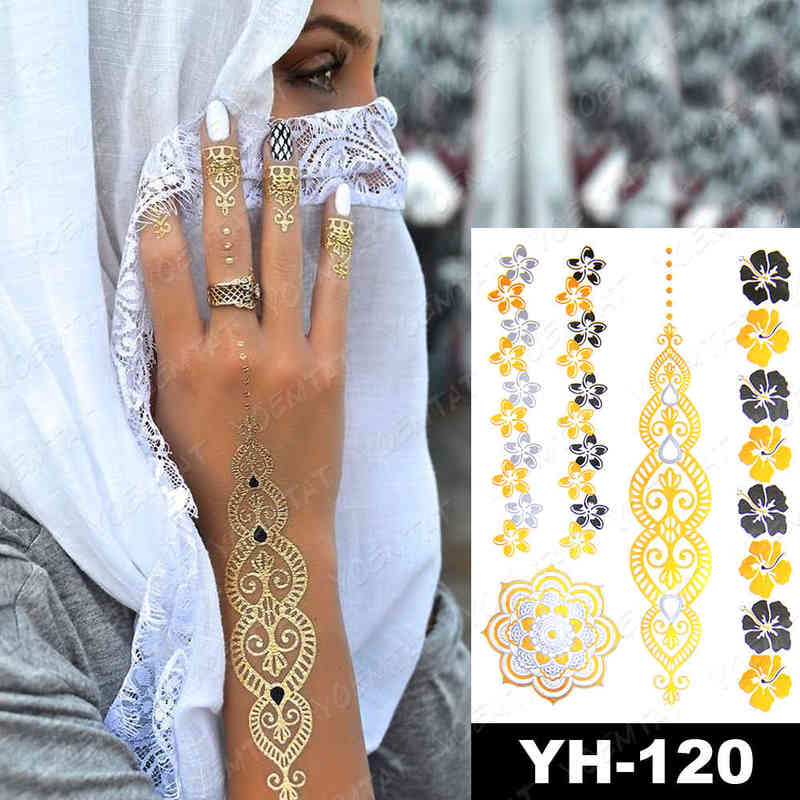 NXY Temporary Tattoo Waterproof Sticker Flowers Mandala Henna Gold Silver Metallic Flash Tatoo Boho Lotus Jewelry Glitter Body Art 0330