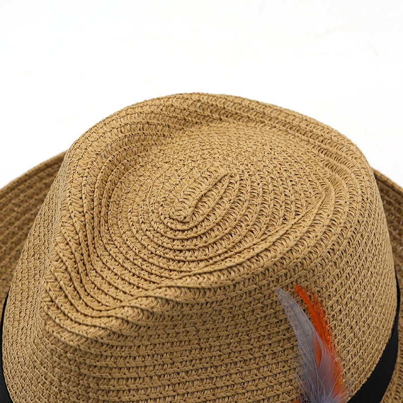 ummer Parentchild Beach Female Caual Panama Jazz Men gentleman 5.5cm brim Feather band traw cap boy un Hat 220613
