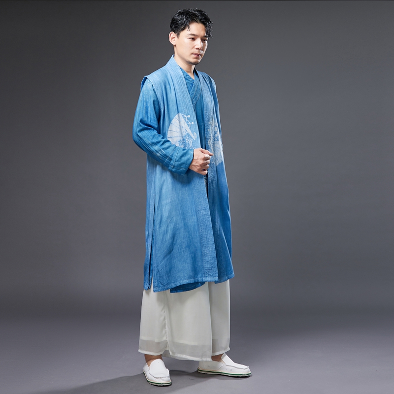 Ethnic Clothing for Men Chinese Hanfu Male cheongsam Traditional Tang suit Oriental Costume Breathable print blue Asian outfit