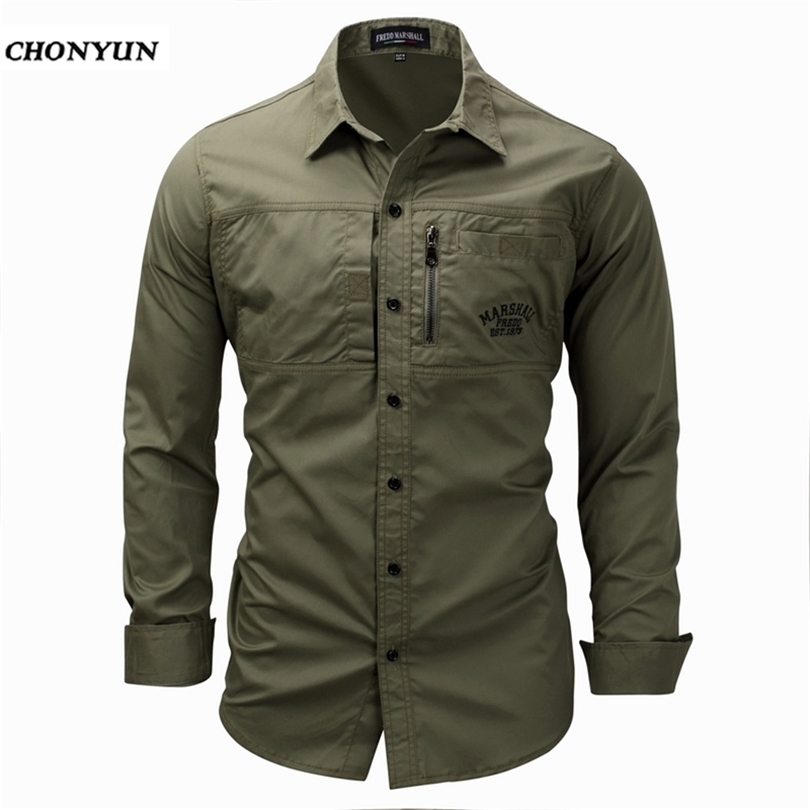 New Men's Slim Fit Dress Shirts Masculina Business Male Long Sleeves Army Casual Turn Down Neck Shirt Homme Size 3XL