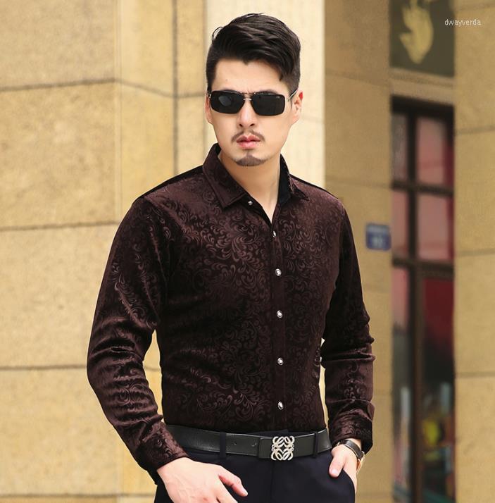 Men's Dress Shirts Spring Luxury Autumn Mens Velours Silk Formal Shirt Slim Fit Print Fashion High Quality -3XL Drop Dway22, Black