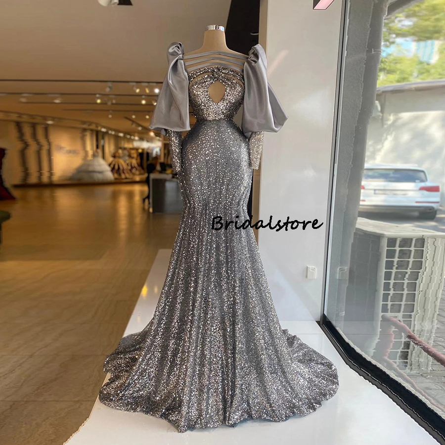Gray Sequin Mermaid Prom Dress Long Sleeve Keyhole Neck Plus Size Black Girls Evening Dresses Elegant Ceremony Formal Party Gown Vestidos Elegantes Pa