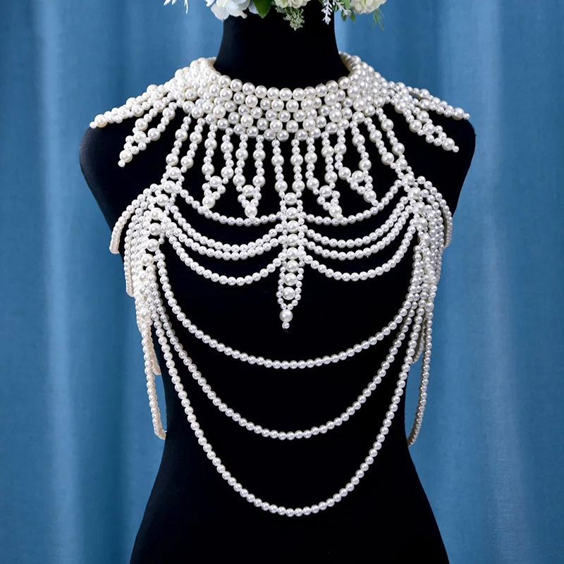 Retro advanced Pearls Crystal Body Jewelry Chain Sexyhandmade beaded Women Bridal wedding dress large necklace jewelry Accessor 220402