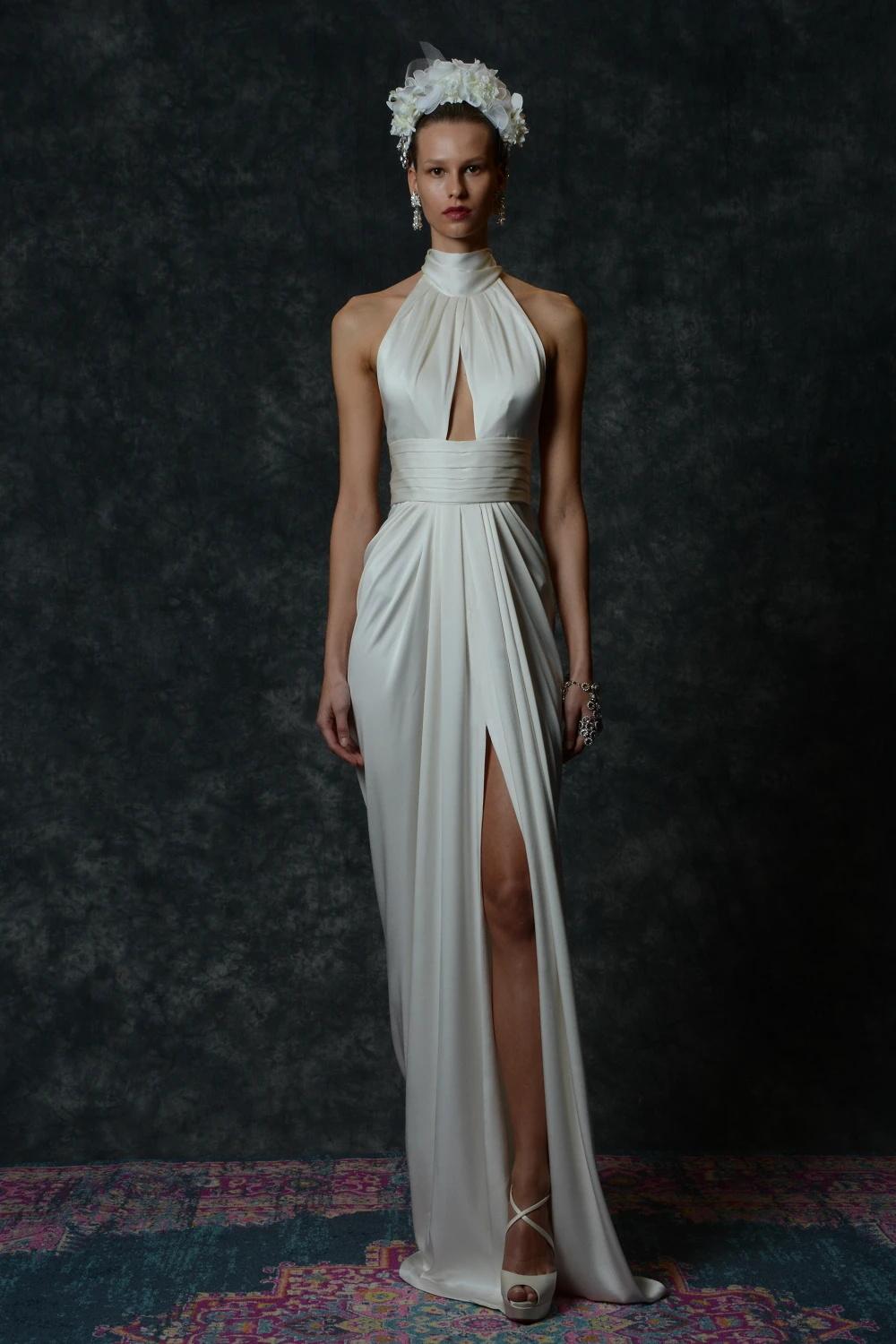Naeem Khan Beach Stain Wedding Dresses 2022 Simple Crepe High Neck Front Split Summer Holiday Greek Grace Bohemain temple Bridal Gowns