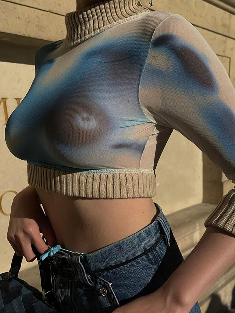 ALLNeon 90s Vintage Streetwear Tie Dye Print Turtleneck Mesh T shirts Y2K Fashion Patchwork Long Sleeve Crop Top 220728