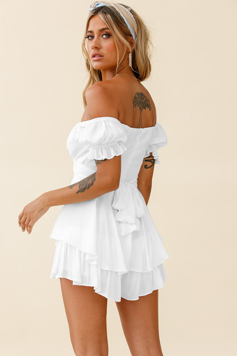 Women Jumpsuits Dresses Tie Back Lantern Short Sleeve Square Neck Cute Ruffled Off Shoulder Rompers Summer Chiffon A-Line Mini Dresses