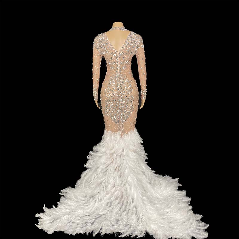 Sparkly Big Rhinestone Prom Dresses with feather Transparent Long Sleeve Birthday Celebrate Luxurious Costume Dancer Flashing evening gown