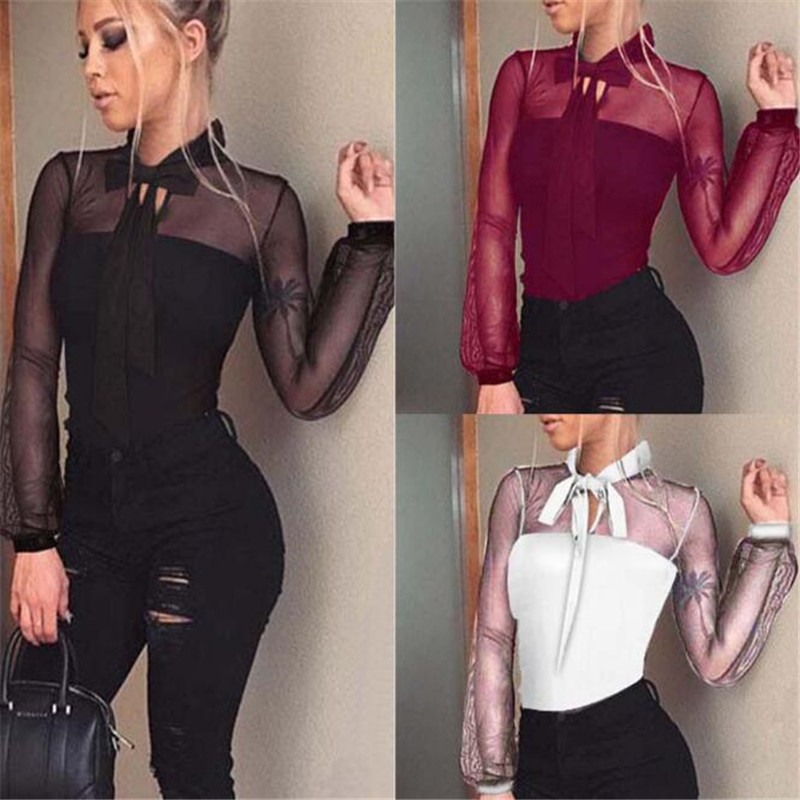Women Mesh Sheer Blouse See-through Long Sleeve Top Shirt Blouse Fashion Lace Transparent White Shirt Female Blusas 220516