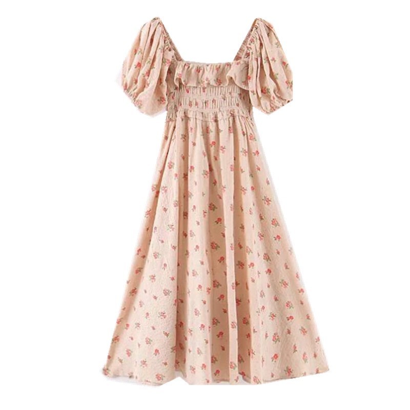 Women French Style Lacing up Ruffles Square Collar Floral Long Swing Dress Pink Backless Half Sleeve Dresses Vestido 220511