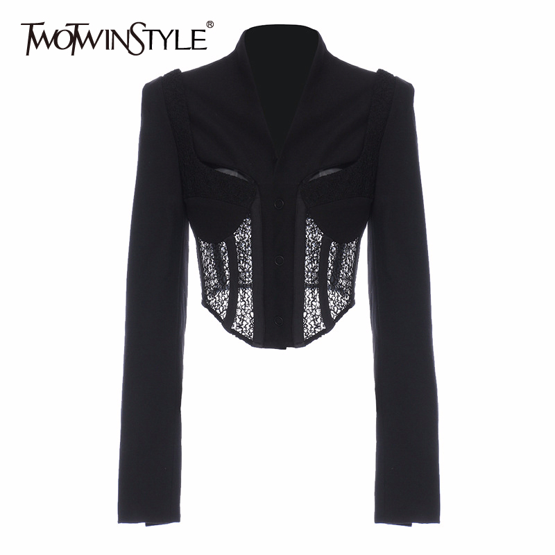 TWOTWINSTYLE Patchwork Hollow Out Black Coat For Women V Neck Long Sleeve Lace Coats Female Summer Fashion Clothing 201023