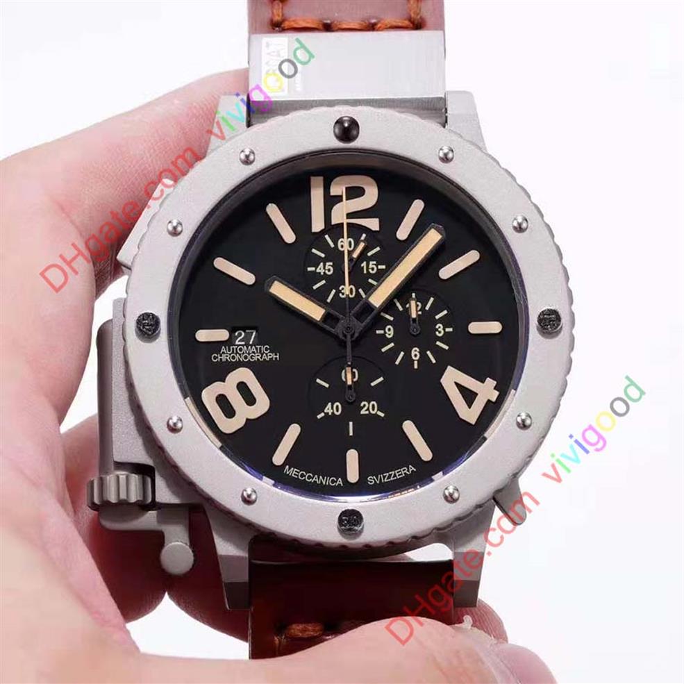 

Brand New Quartz Chronograph Stopwatch Men U chronograph U42 Chimera Silver Aged Brown Cow Black Leather Boat Watch226G, Same color as picture