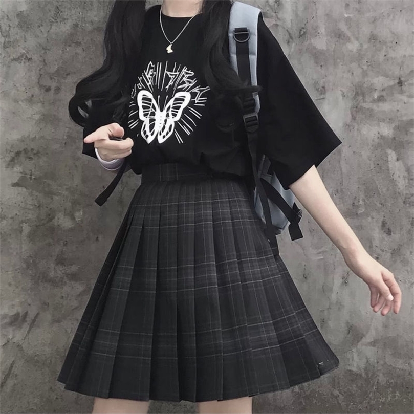 HOUZHOU Gothic Black Plaid Skirt Women Kawaii Harajuku High Waist Pleated Mini Skirts Japanese School Uniform Preppy Style JK 220317