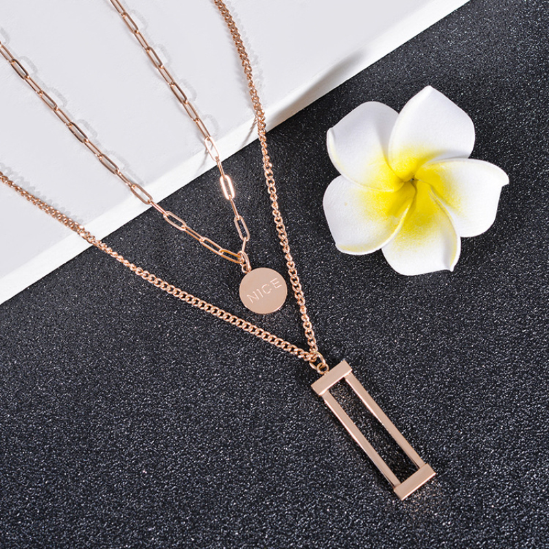 Fashion Rectangle Pendant Multilayered Chain Round Nice Charm Necklace