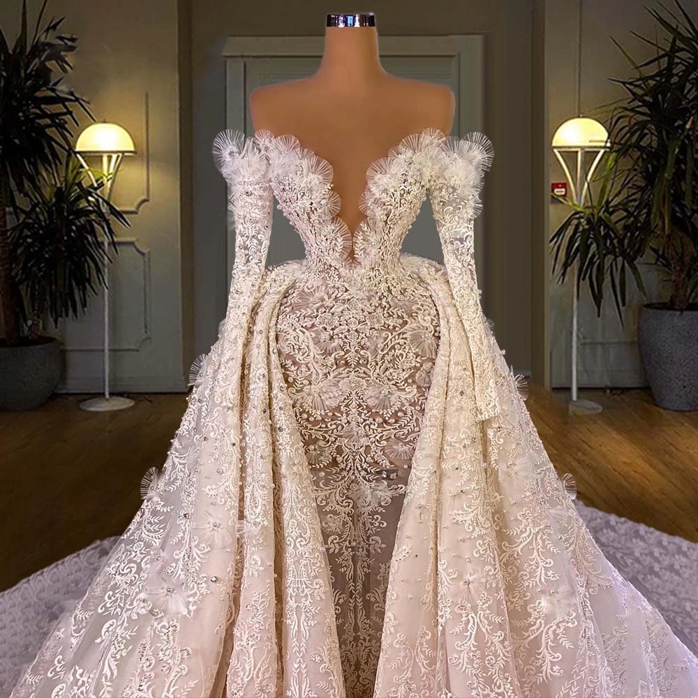 Haute Couture 2022 Fashion Wedding Dress with Detachable Train Luxurious Arabic Dubai Lace Pearls Wedding Dresses Bridal Gowns BES121