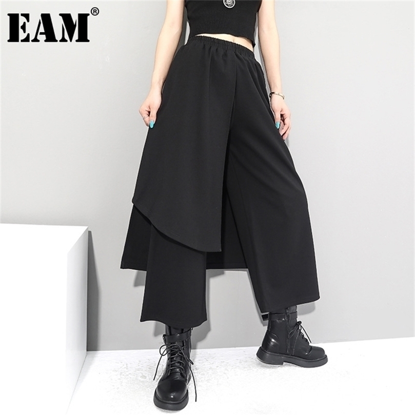 EAM High Elastic Waist Black Irregular Long Wide Leg Trousers Loose Fit Pants Women Fashion Spring Autumn 1Z289 201228