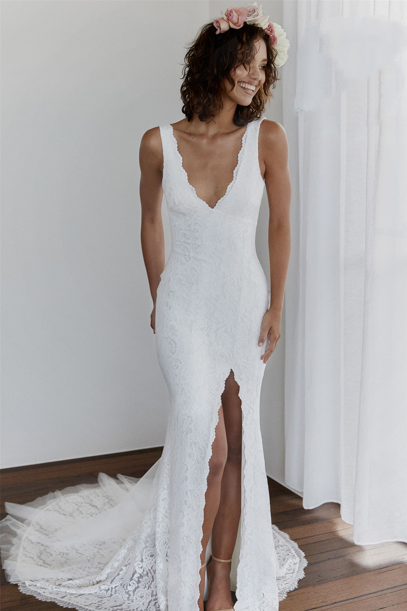 beach mermaid wedding dresses 2022 sexy v-neck backless front slit full lace bohemian summer holiday bridal dress vestidos de novia encaje