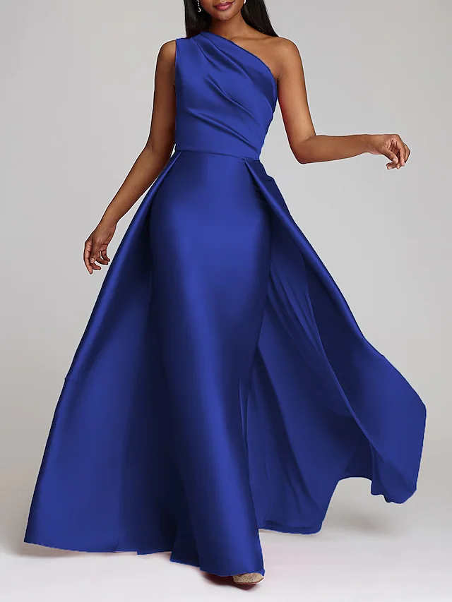 African Fuchsia One Shoulder Prom Dresses With Overskirt Floor Length Royal Blue Straight Evening Dresses Women Sleeveless Long Special Occasion Gowns