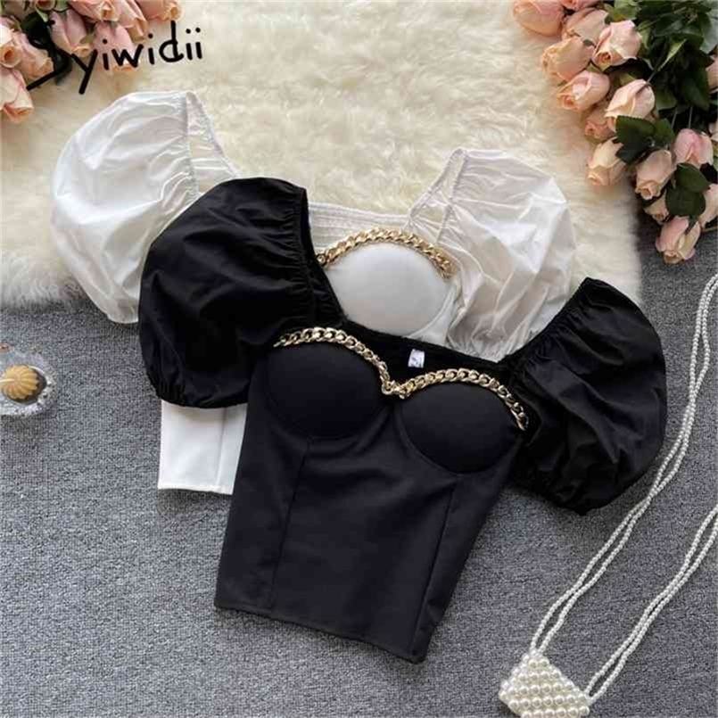 Blouses Womens Summer Chain Strapless Short Puff Sleeve Back Elastic Korean Clothes Fashion White Black Shirts 210607 
Blouses Womens Summer Chain Strapless Short Puff Sleeve Back Elastic Korean Clothes Fashion White Black Shirts 210607