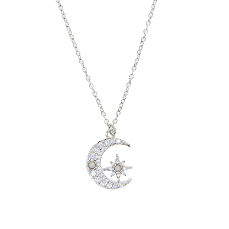 Gold Plated Tiny Small Crystal Fire Opal Moon Charm necklace Engraved Cz Moon Star Christmas Gift Classic Fashion Delicate Dainty Necklaces