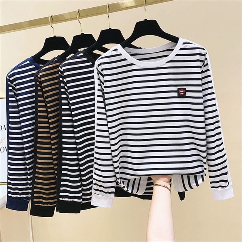 gkfnmt Korean Style Women T-Shirt Plus Size 4XL Long Sleeve Striped Cotton Tshirt Tops Autumn Winter T Shirt Femme Clothing 220328