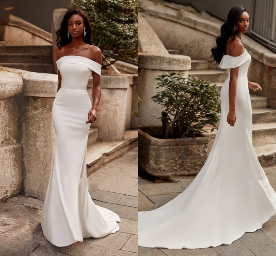 Simple Satin Mermaid Wedding Dress 2022 Stylish Boat Neck Off The Shoulder Zipper Back Court Train Bridal Gown Vestidos De Noiva