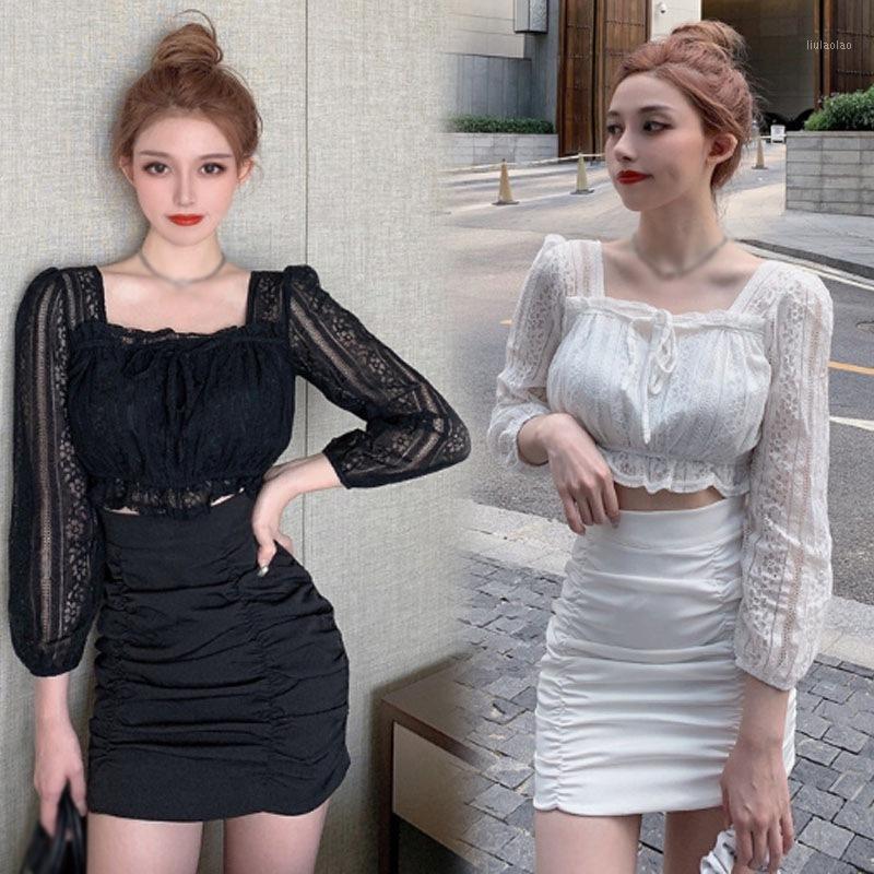 Women's Blouses & Shirts Women's Solid Square Collar Lace Sexy Sweet Exposed Shirt Tops