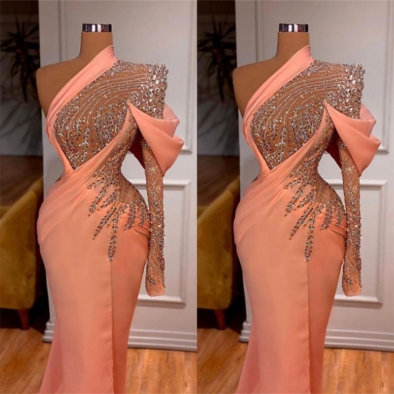 Sexy Prom Dresses Sequins One Shoulder Long Sleeve Deep Sequins Appliques Puff Sexy High Side Split Satin Chic Party Gowns Sweep Floor Length Plus Siz