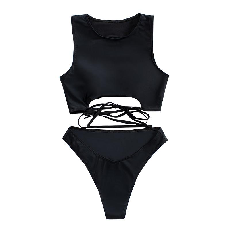 

Women' Swimwear Solid Black Thong Low Waisted Bikini Two Piece Swimsuits 2022 Sporty High Neck Racerback Tank Top Criss Cross String
