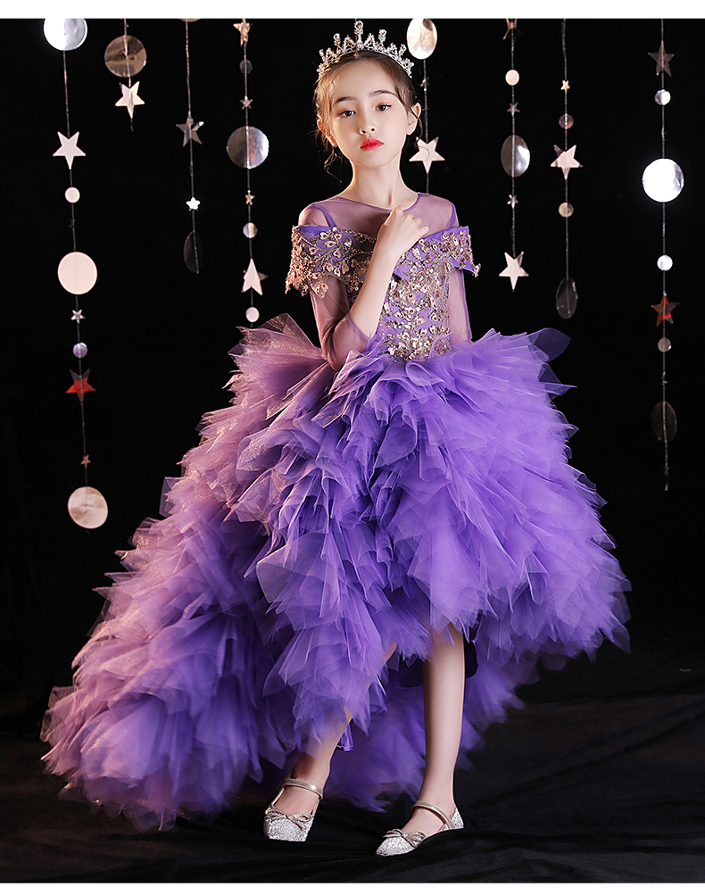 Purple Puffy Girls Dresses 3D Flower V Neck Long Train Kids Teens Pageant Gowns Sequined Birthday Party Dress For Wedding Cooktail Gown 403