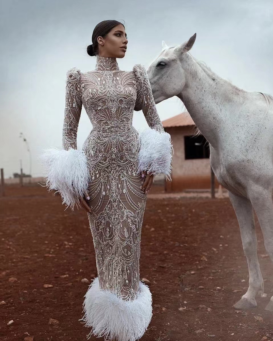 New Arrival Lace Appliques Mermaid Wedding Dress Sequins Beads Ostrich feather Long Sleeves or Length High Neck Sexy Slim Stylish Custom Made Bridal R